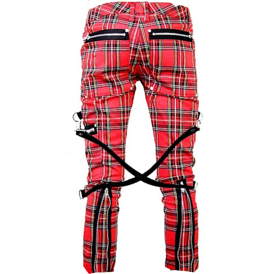 Gothic Bondage Red Plaid Men Pant Alternative Punk Rebel Rock Emo Trouser Pant