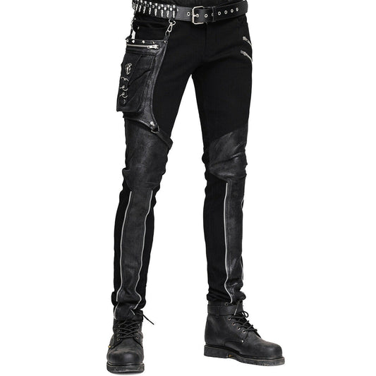 Devil Fashion Men Diesel punk Pants Jeans Black Gothic Punk Faux Leather Hip Bag