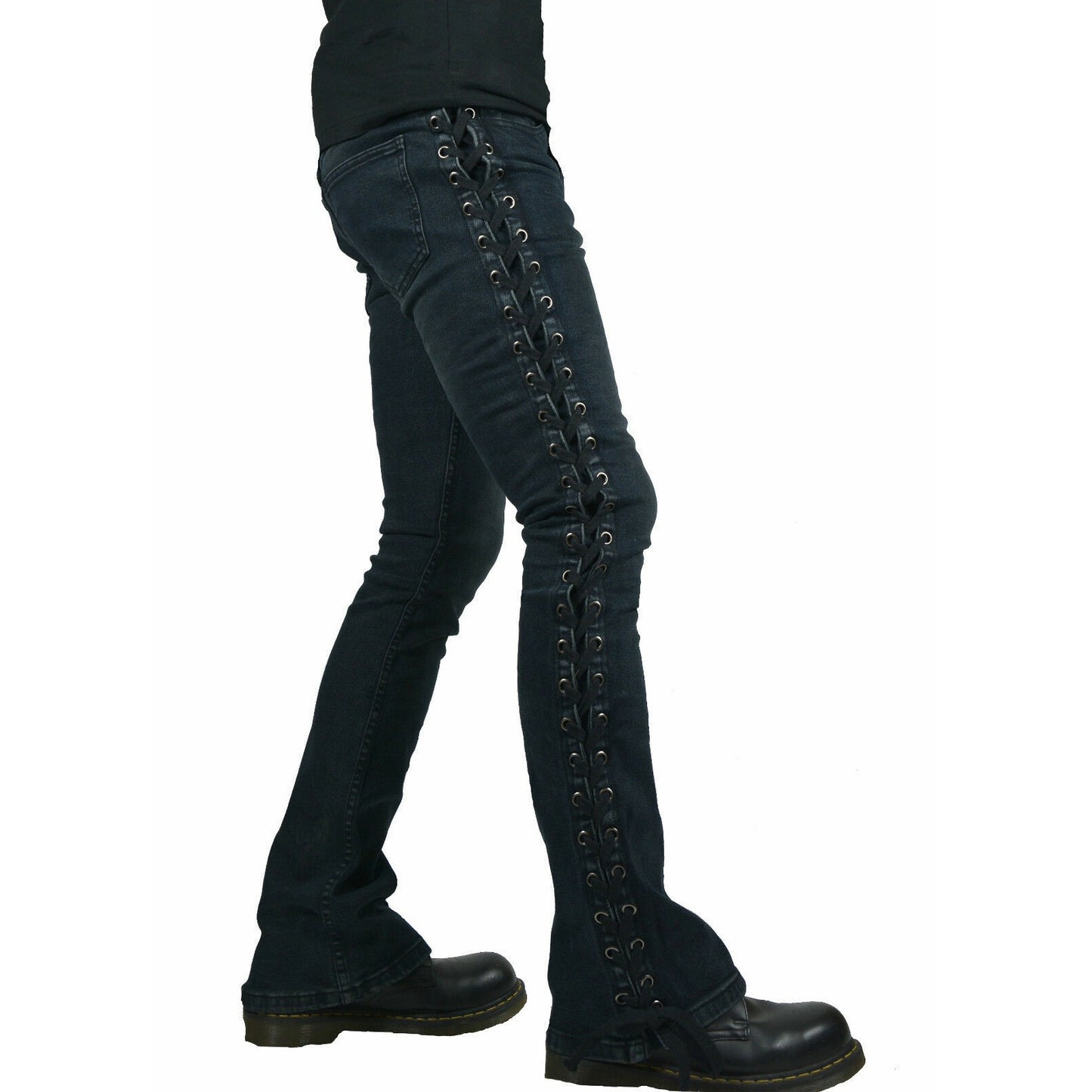 Dark Rock Lace Up Rocker Fit Riff Boot Cut Gothic Punk Stage Jeans Pants Biker