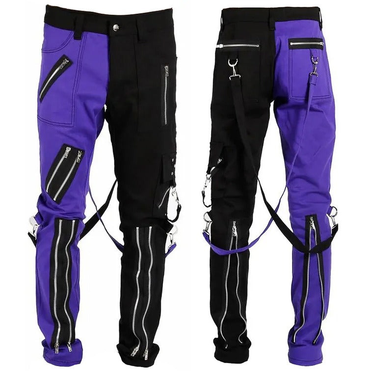 Gothic Bondage Men Pant Alternative Punk Rock Split Leg Purple/Black Emo Trouser Pant/USA