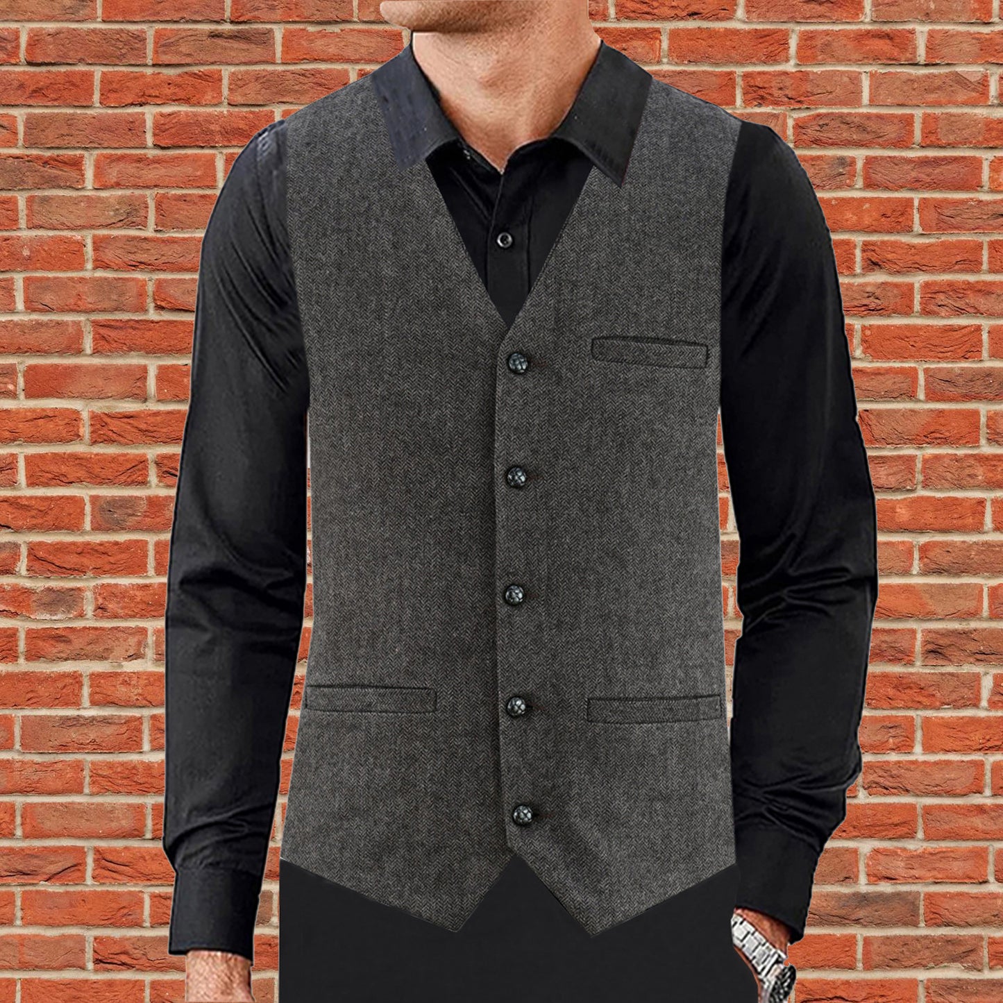 Men Herringbone Wool Blend Tweed Vest Premium Brown Waistcoat Suit Vest V Neck Slim Fit Waistcoat/USA