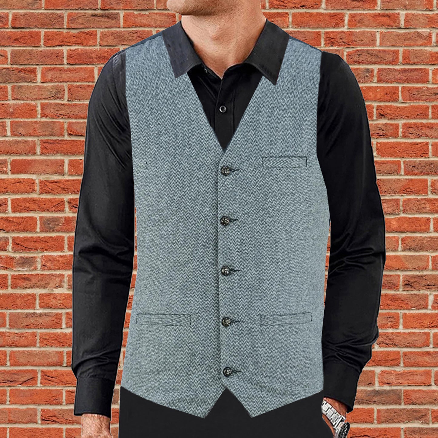 Men Herringbone Wool Blend Tweed Vest Premium Grey Waistcoat Suit Vest V Neck Slim Fit Waistcoat/USA