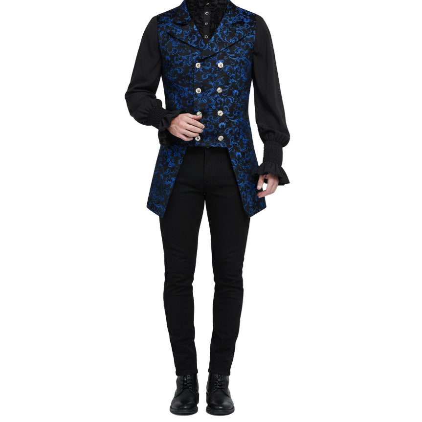 Men's Double Breasted Governor Vest Waistcoat Vtg Blue Brocade Gothic Steampunk USA