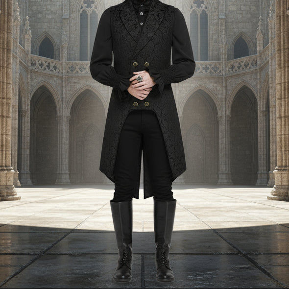 Men's Double Breasted Governor Vest Waistcoat Vtg Black Brocade Gothic Steampunk SOA