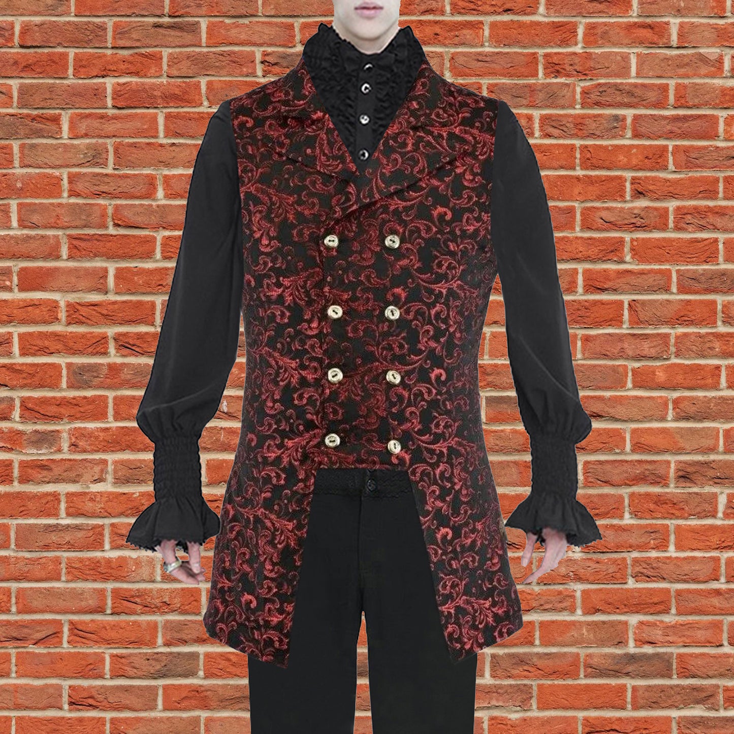 Men's Double Breasted Governor Vest Waistcoat VTG Red Brocade Gothic Steampunk/USA