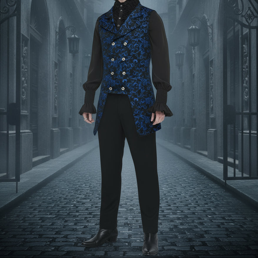 Men's Double Breasted Governor Vest Waistcoat Vtg Blue Brocade Gothic Steampunk USA