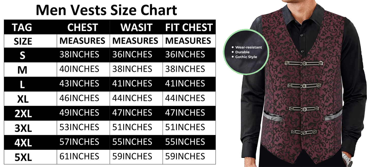 Premium Men’s Vest Waistcoat Maroon Damask Velvet Goth Steampunk VTG/Brocade Vest