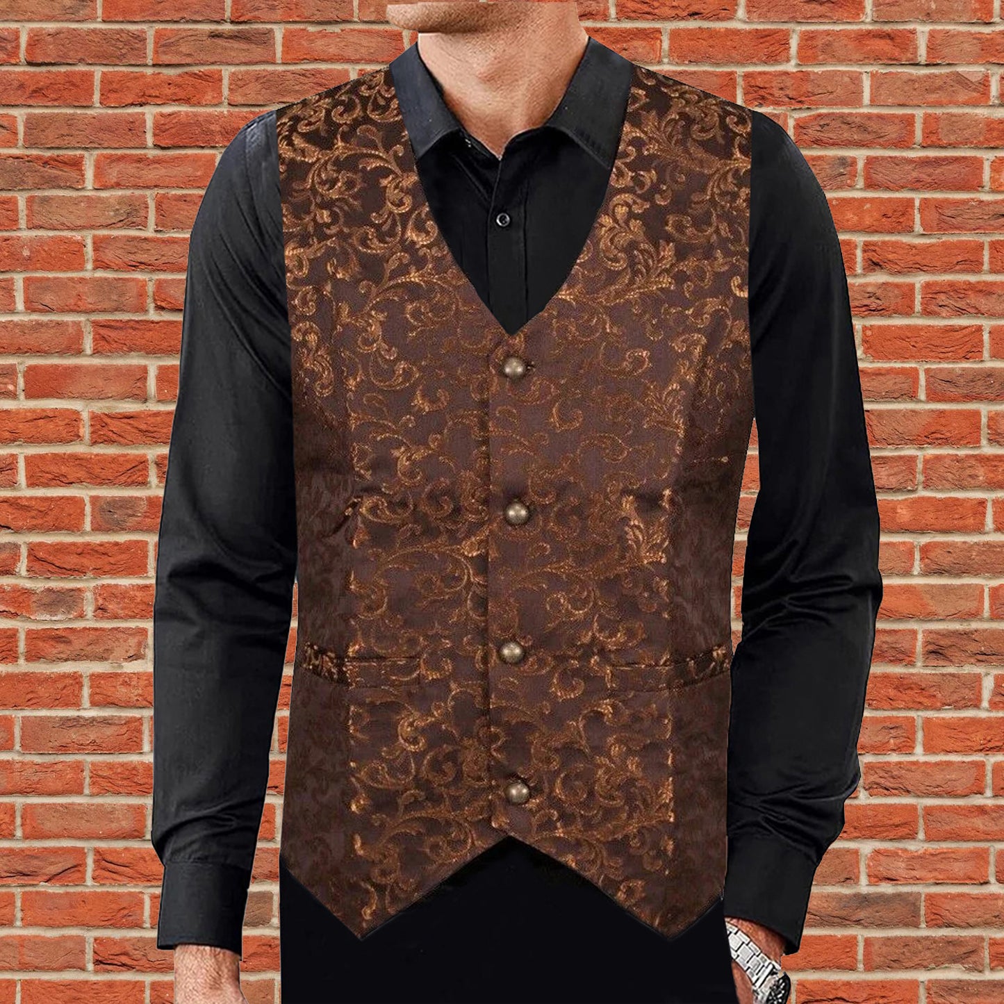 Men's Tailored Formal Waistcoat Gothic Steampunk Gold Brocade Vest Victorian