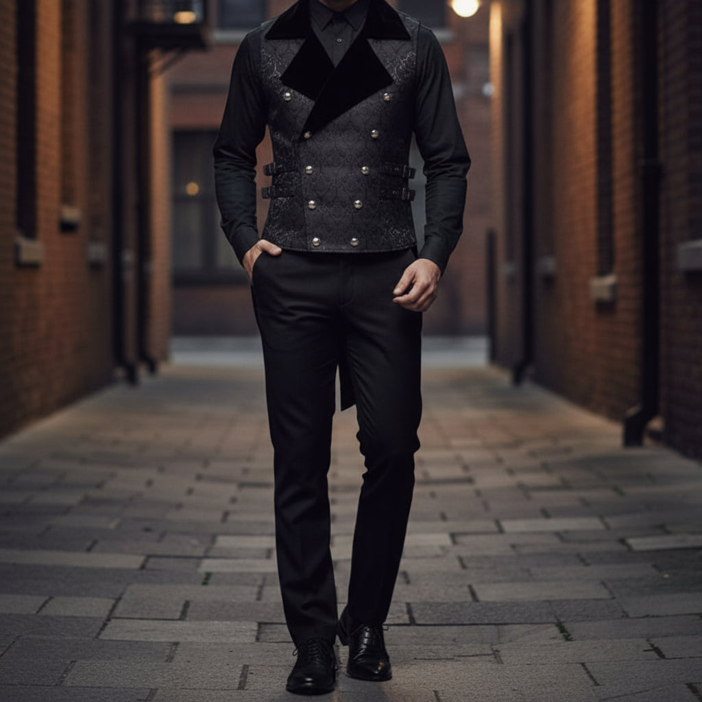 Men's Brocade Vest Waistcoat Tailcoat Black Velvet Gothic Steampunk USA Sizes