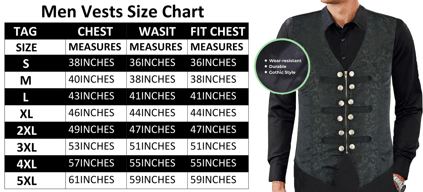 MEN'S BLACK BROCADE TAILORED VICTORIAN SINGLE BREASTED WAIST COAT VEST USA