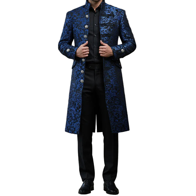 Renaissance Men's Blue Brocade Goth Steampunk Victorian Velvet Frock Coat USA