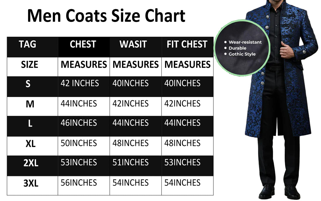 Renaissance Men's Blue Brocade Goth Steampunk Victorian Velvet Frock Coat USA