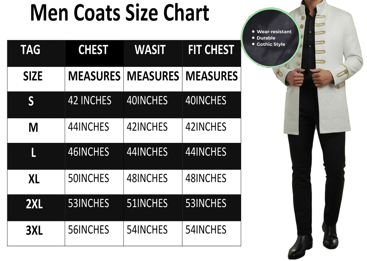 Renaissance Men's Velvet Goth Steampunk Victorian Frock Coat Brocade White Gold
