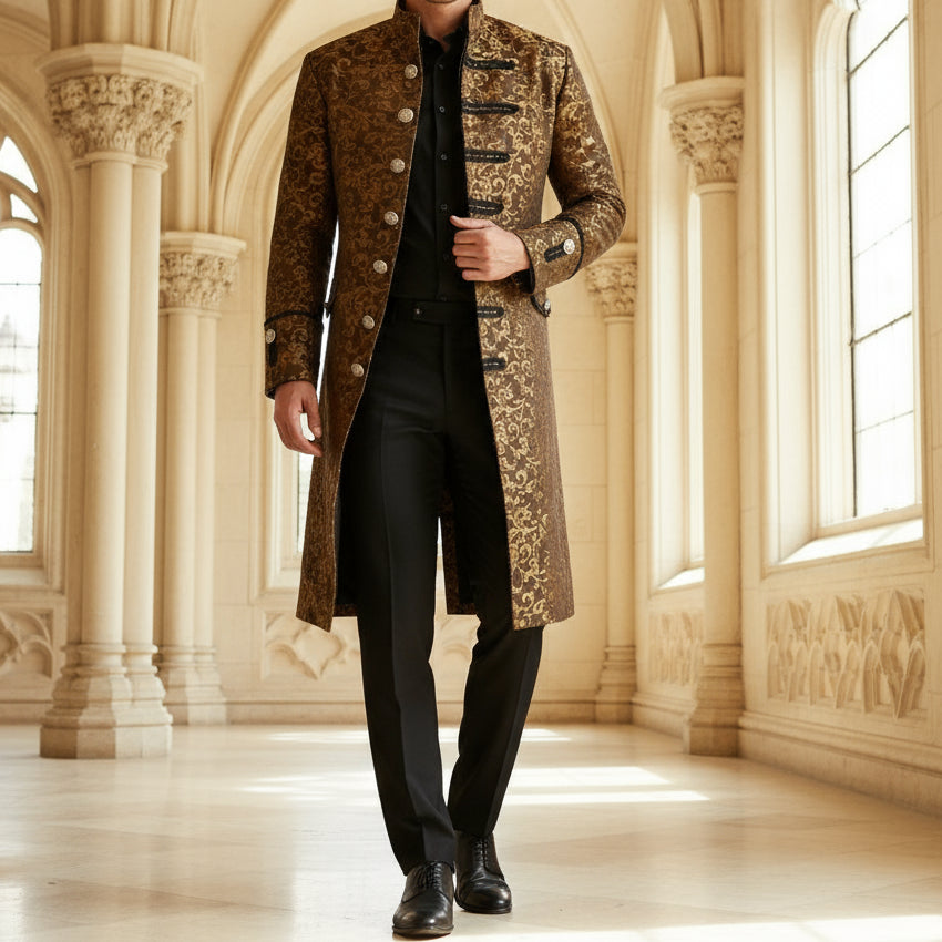 Renaissance Men's Gold Brocade Goth Steampunk Victorian Velvet Frock Coat USA