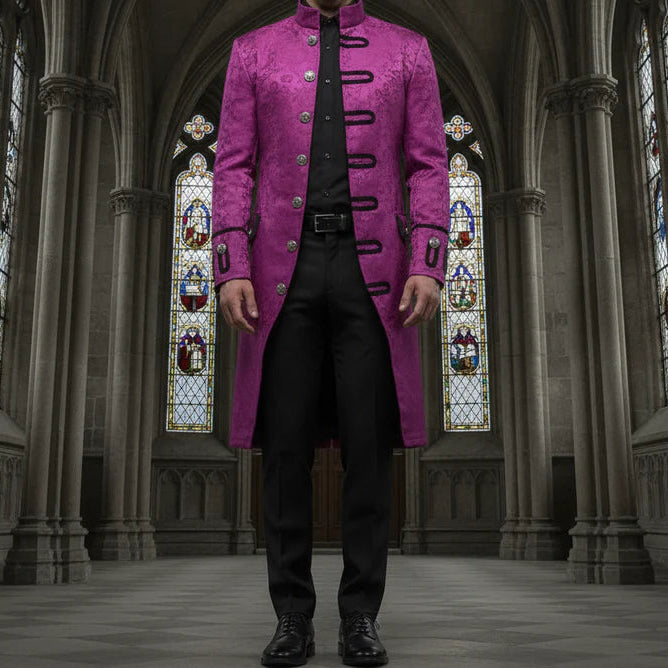 Renaissance Men's Purple Brocade Goth Steampunk Victorian Frock Coat USA