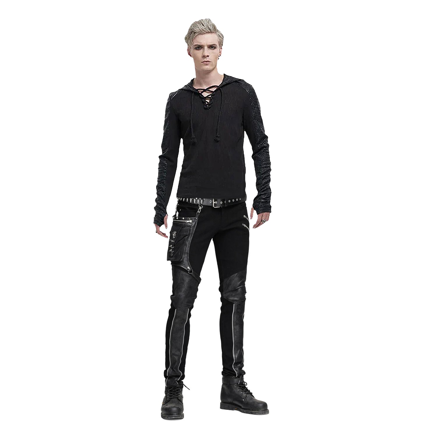 Devil Fashion Men Diesel punk Pants Jeans Black Gothic Punk Faux Leather Hip Bag