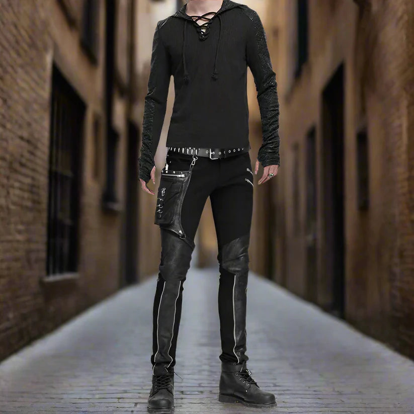 Devil Fashion Men Diesel punk Pants Jeans Black Gothic Punk Faux Leather Hip Bag