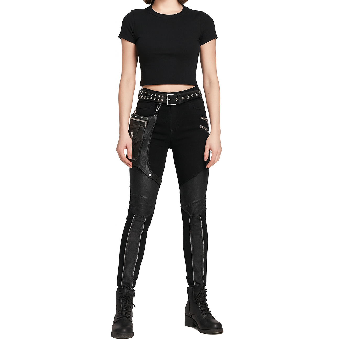 Devil Fashion Men Diesel punk Pants Jeans Black Gothic Punk Faux Leather Hip Bag