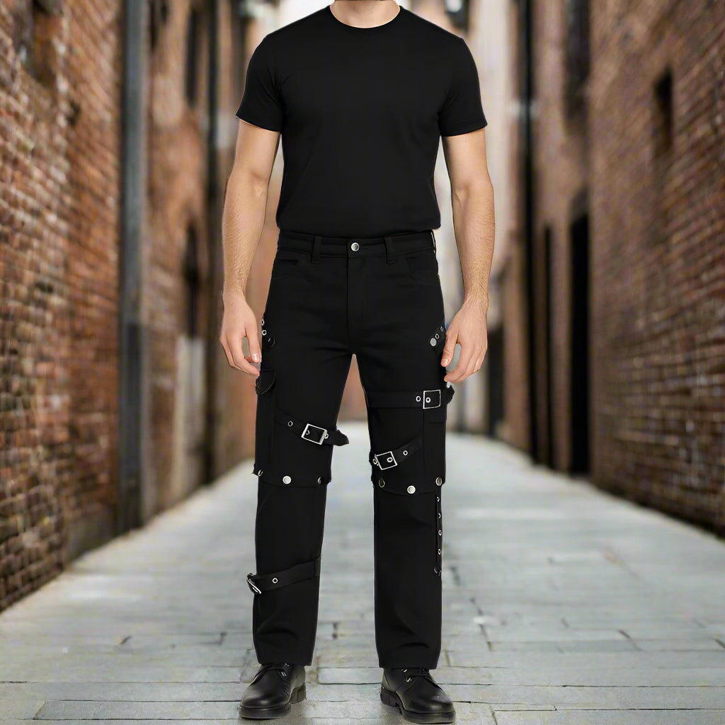 Men Gothic Bondage Pant Rock Hard Loose Punk Pants Detachable Uniform Trousers