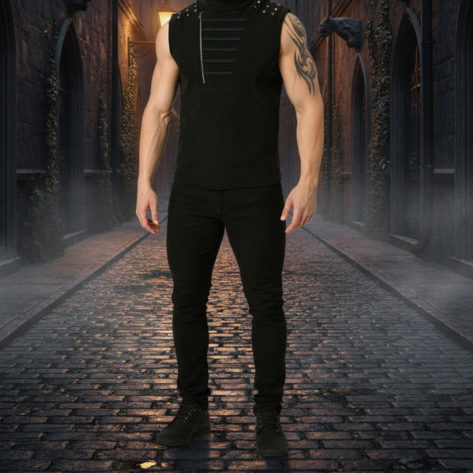 Gothic Mens Dark Gothic Zip Up Tank Top Vest