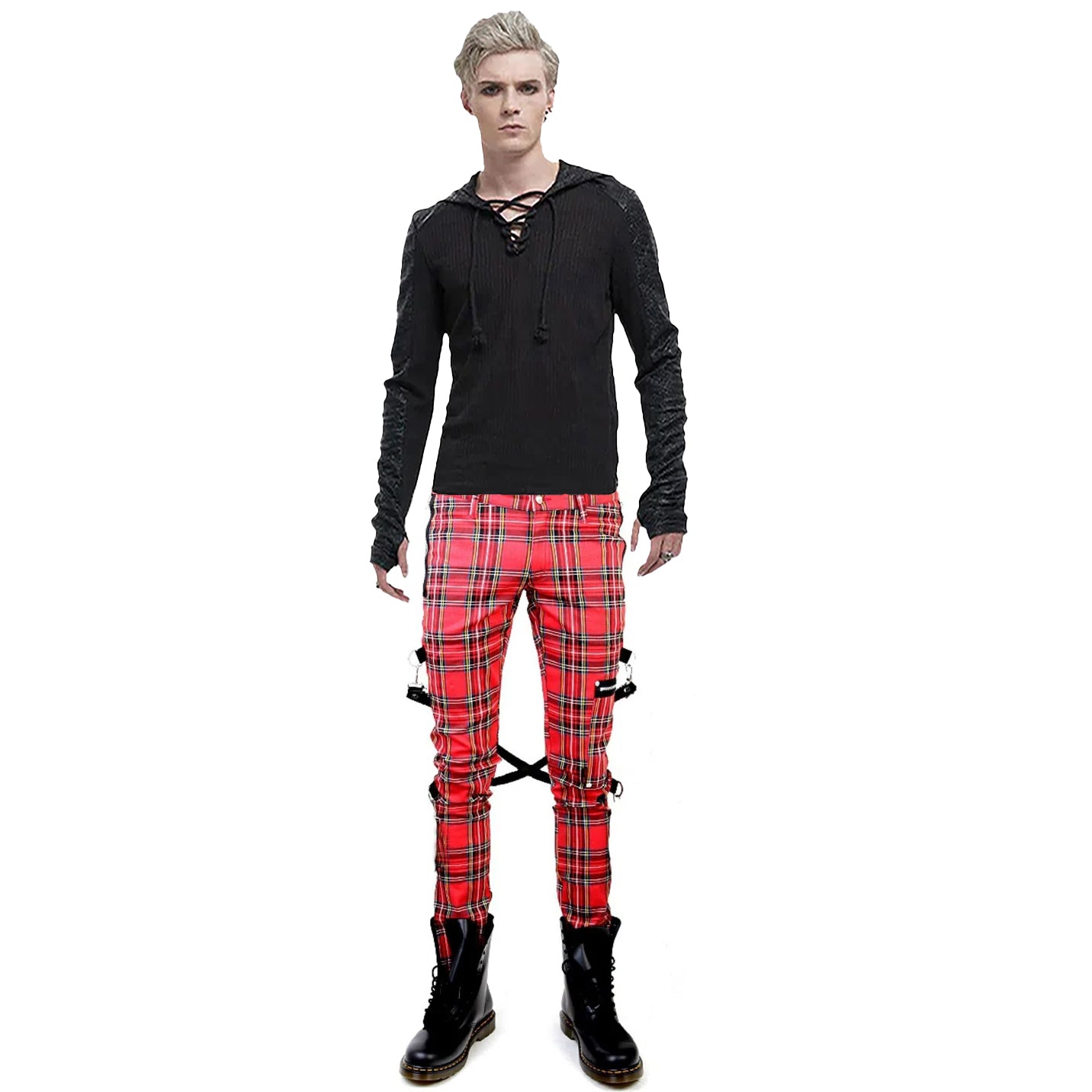 Gothic Bondage Red Plaid Men Pant Alternative Punk Rebel Rock Emo Trouser Pant