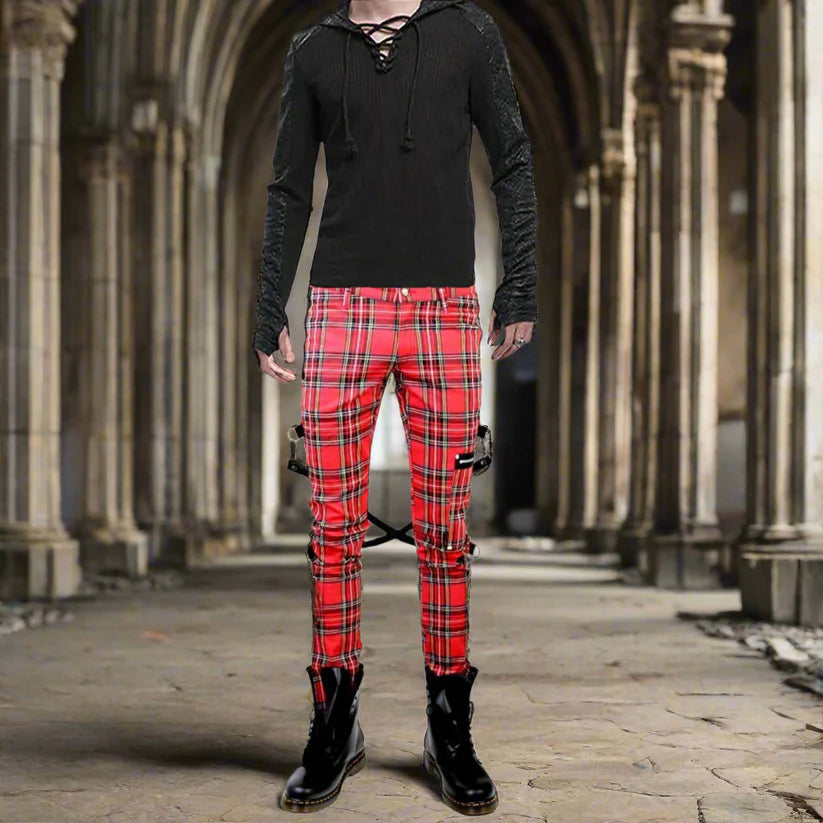 Gothic Bondage Red Plaid Men Pant Alternative Punk Rebel Rock Emo Trouser Pant