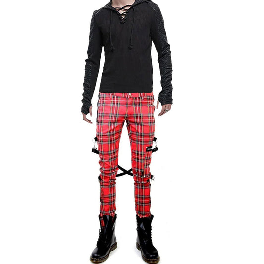 Gothic Bondage Red Plaid Men Pant Alternative Punk Rebel Rock Emo Trouser Pant