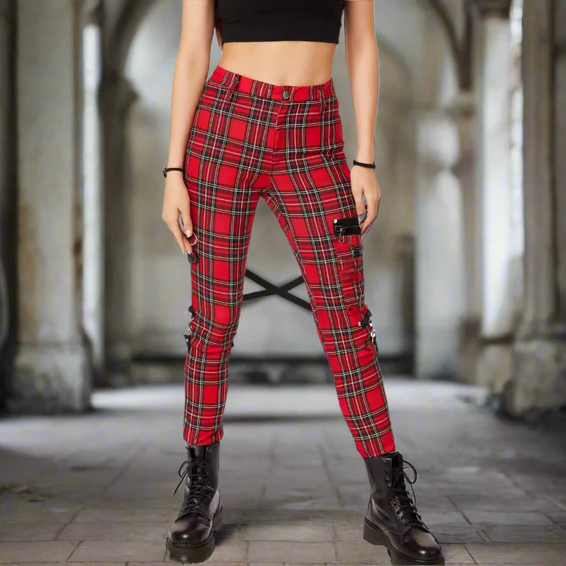 Gothic Bondage Red Plaid Men Pant Alternative Punk Rebel Rock Emo Trouser Pant
