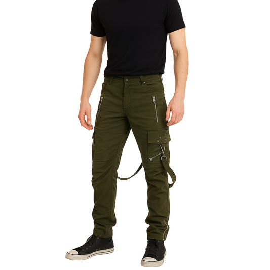 Gothic Bondage Straps Zipper Gothic Punk Army Green Goth Jeans Pants
