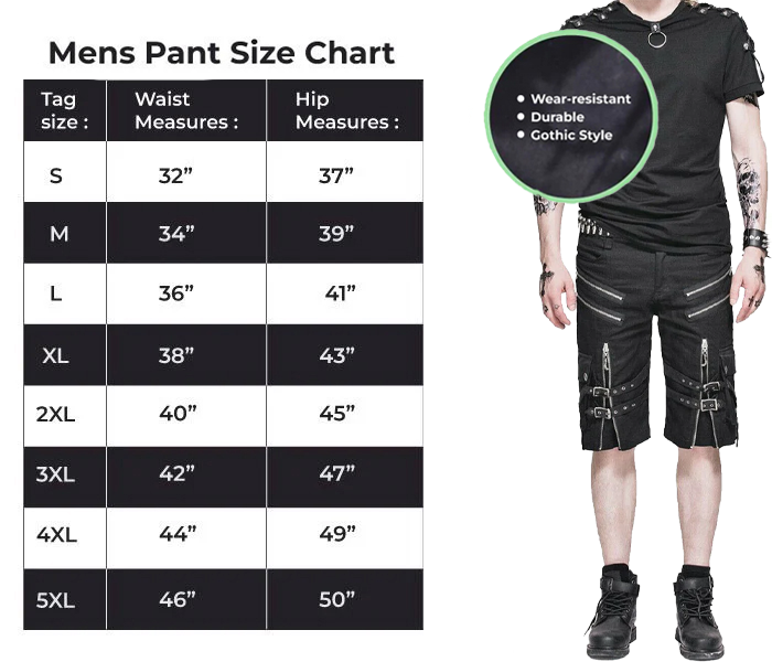 Men's Steampunk Casual Shorts Black Belt Rock Zipper Gothic Summer Shorts