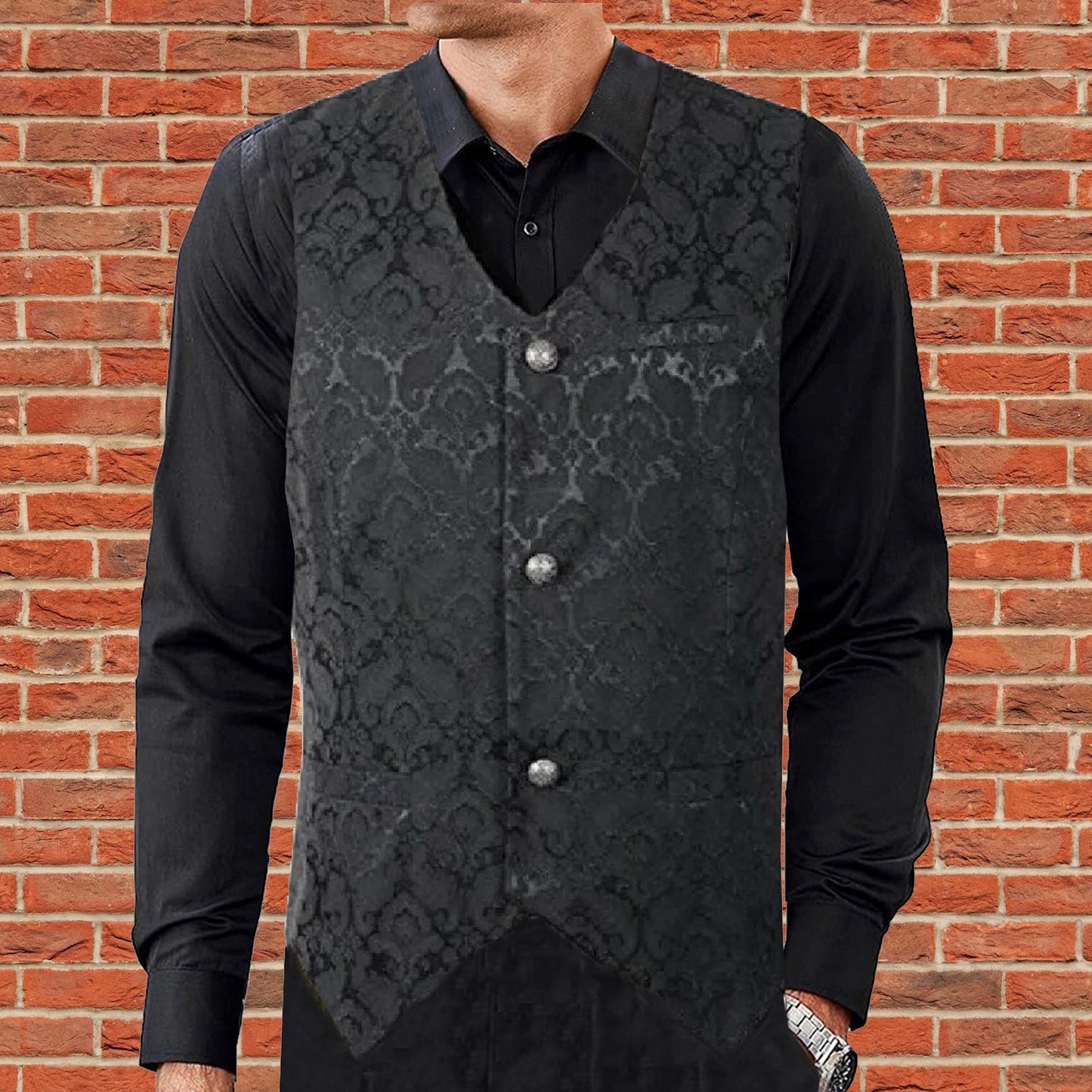 Men's Waistcoat Vest Black Brocade Gothic Steampunk VTG /USA