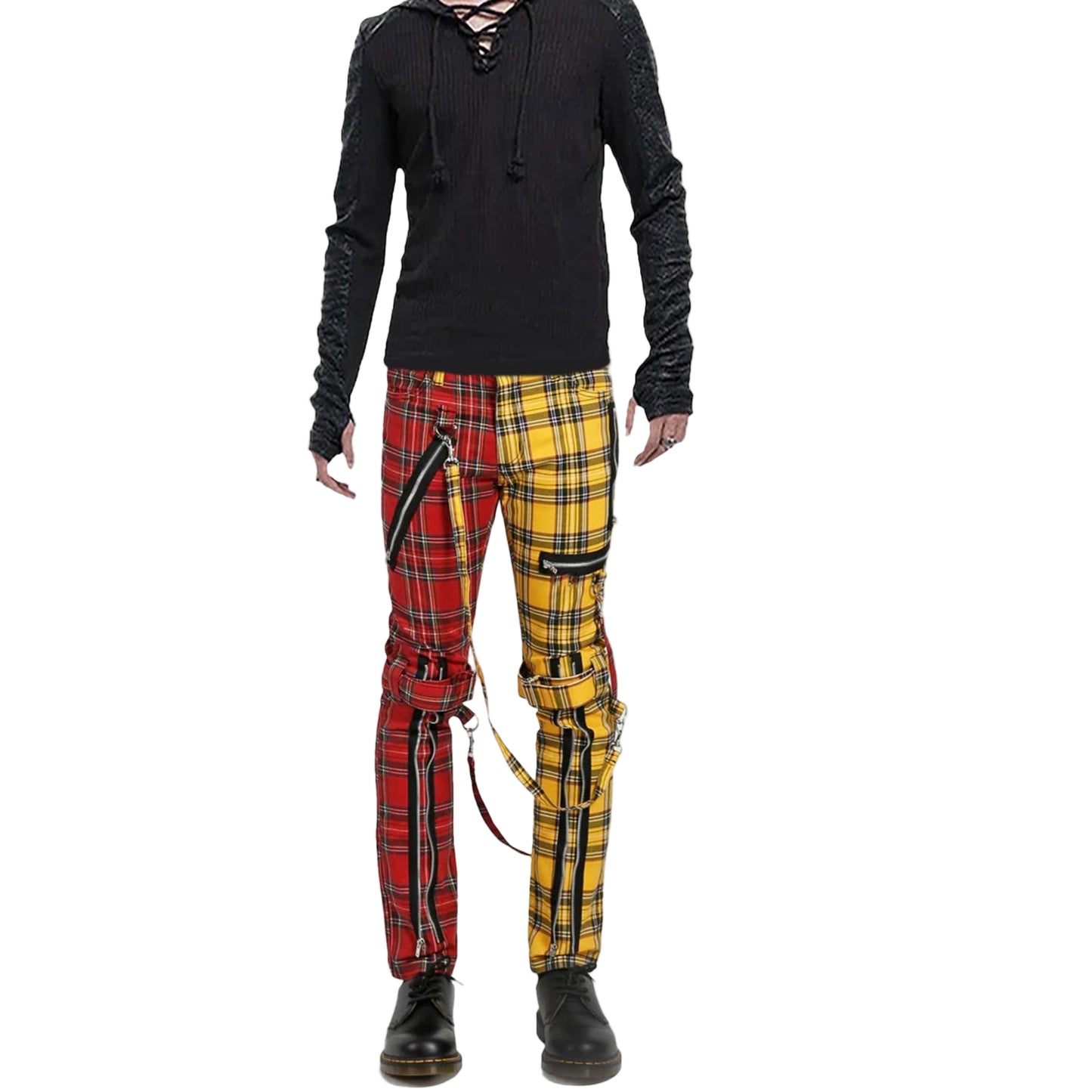 Men Bondage Straps Punk Split Leg Plaid Jeans Pant Alternative Rebel Rock Emo