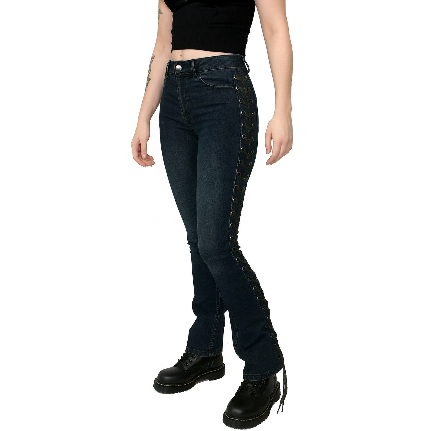 DARKROCK LACE UP ROCKER FIT RIFF BOOT CUT GOTHIC PUNK STAGE JEANS PANTS BIKER