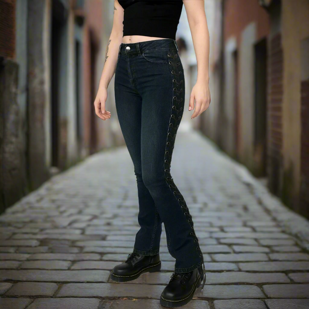 DARKROCK LACE UP ROCKER FIT RIFF BOOT CUT GOTHIC PUNK STAGE JEANS PANTS BIKER