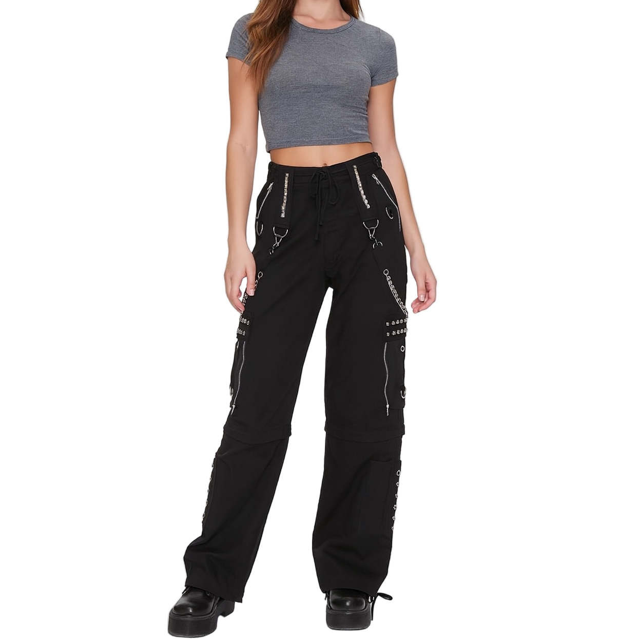 Gothic Men Black Chrome Trousers Punk Rock Studs Metal Chain Trouser