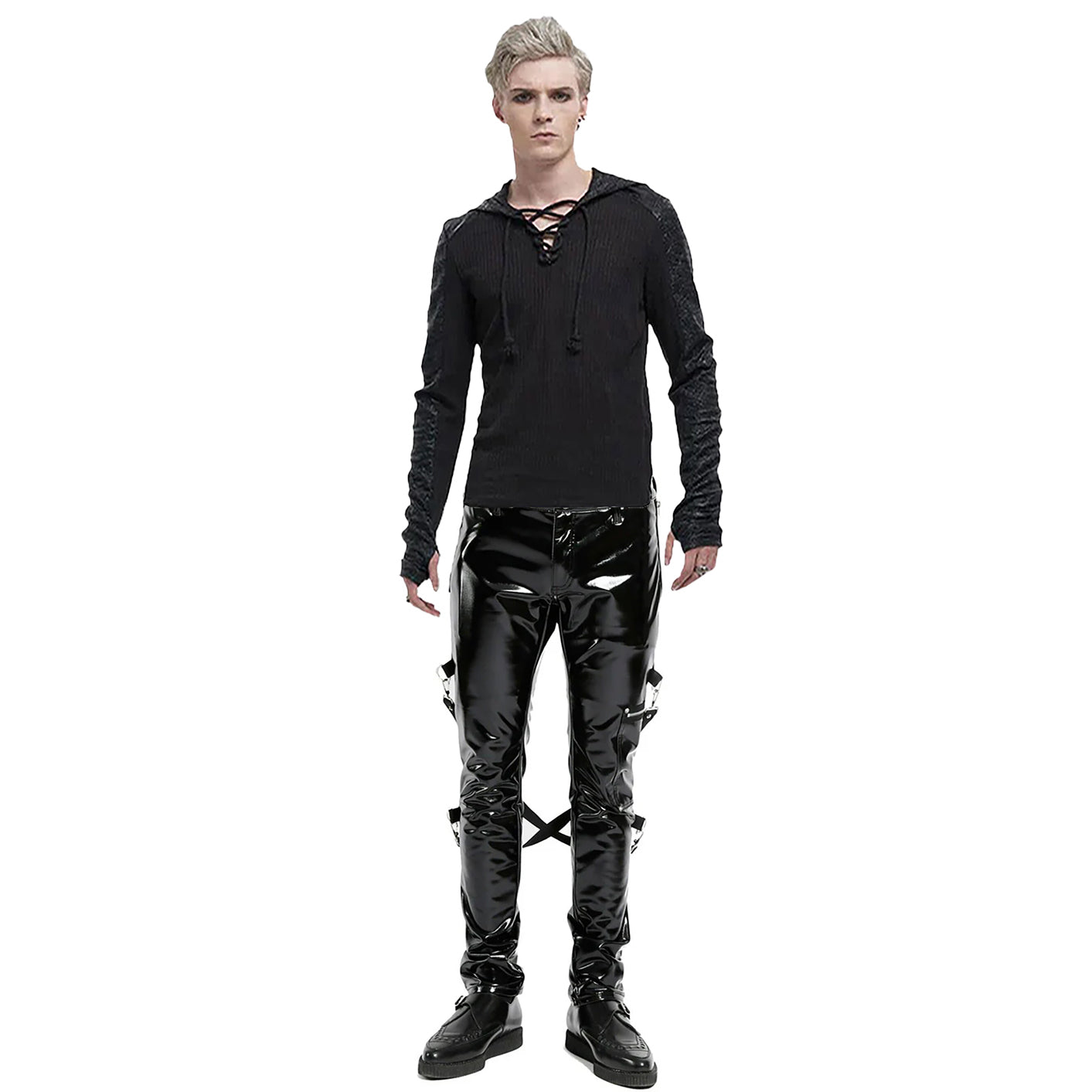 SKINNY JEANS BLACK GOTHIC SUPREME CHAOS VINYL PUNK REBEL PANTS WITH STRAP