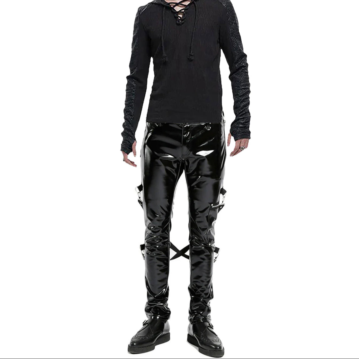 SKINNY JEANS BLACK GOTHIC SUPREME CHAOS VINYL PUNK REBEL PANTS WITH STRAP