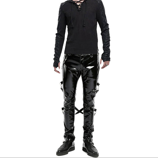 SKINNY JEANS BLACK GOTHIC SUPREME CHAOS VINYL PUNK REBEL PANTS WITH STRAP