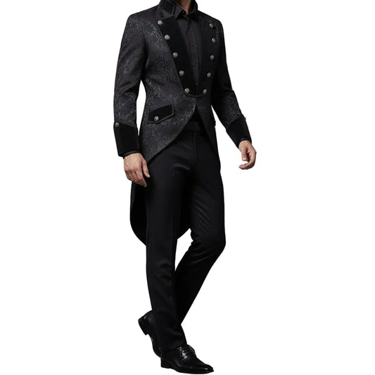 Handmade Men Tail Coat Jacket Black Brocade Goth Steampunk Victorian Tailcoat