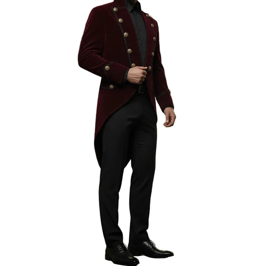Men's Handmade Steampunk Tailcoat Jacket Red And Black Velvet Goth VTG Victorian