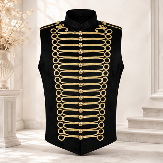 Prime Quality Handmade Men's Military Hussar Sleeveless Black Vest Black Gold Jacket