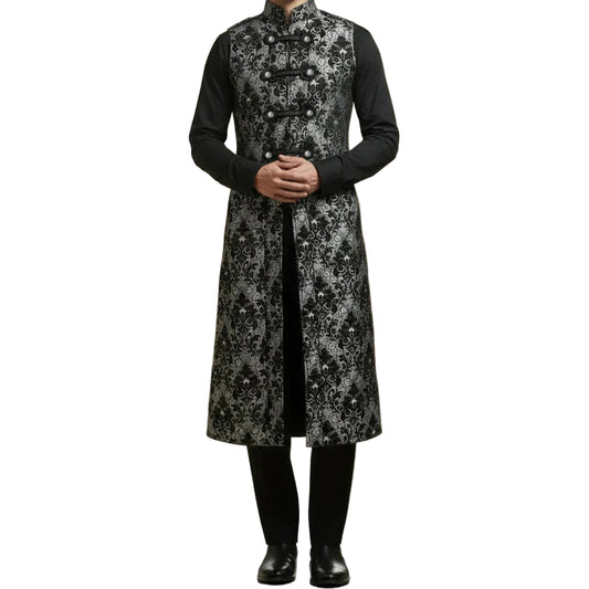 Men's Fashion Long Gothic Waistcoat Coat Jacket Black Silver Damask Steampunk