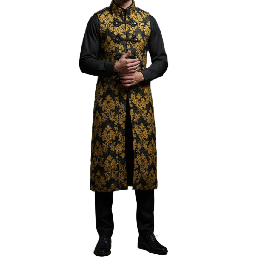 Men's Fashion Long Gothic Waistcoat Coat Jacket Black Gold Damask Steampunk