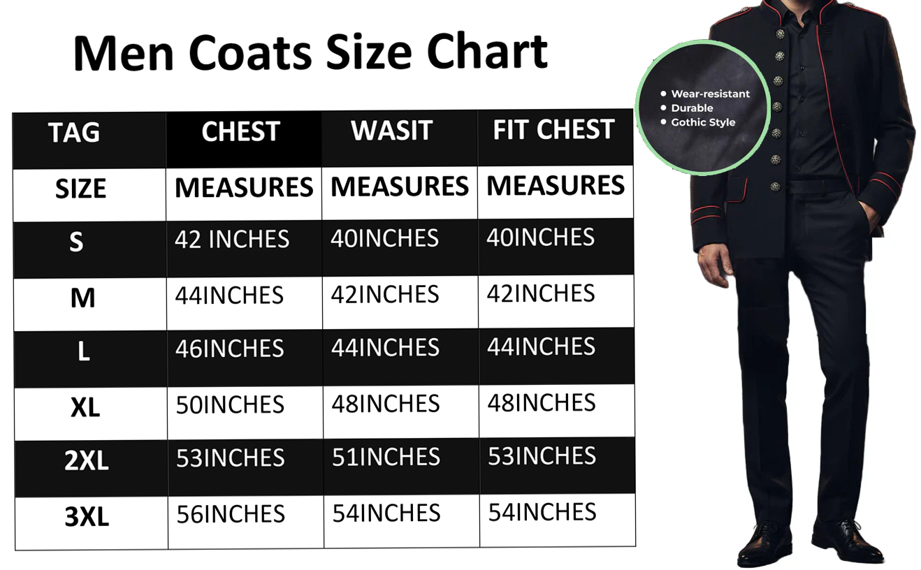 New Men's Military Style Coat Jacket Black Red Gothic Steampunk Usa Sizes Vtg