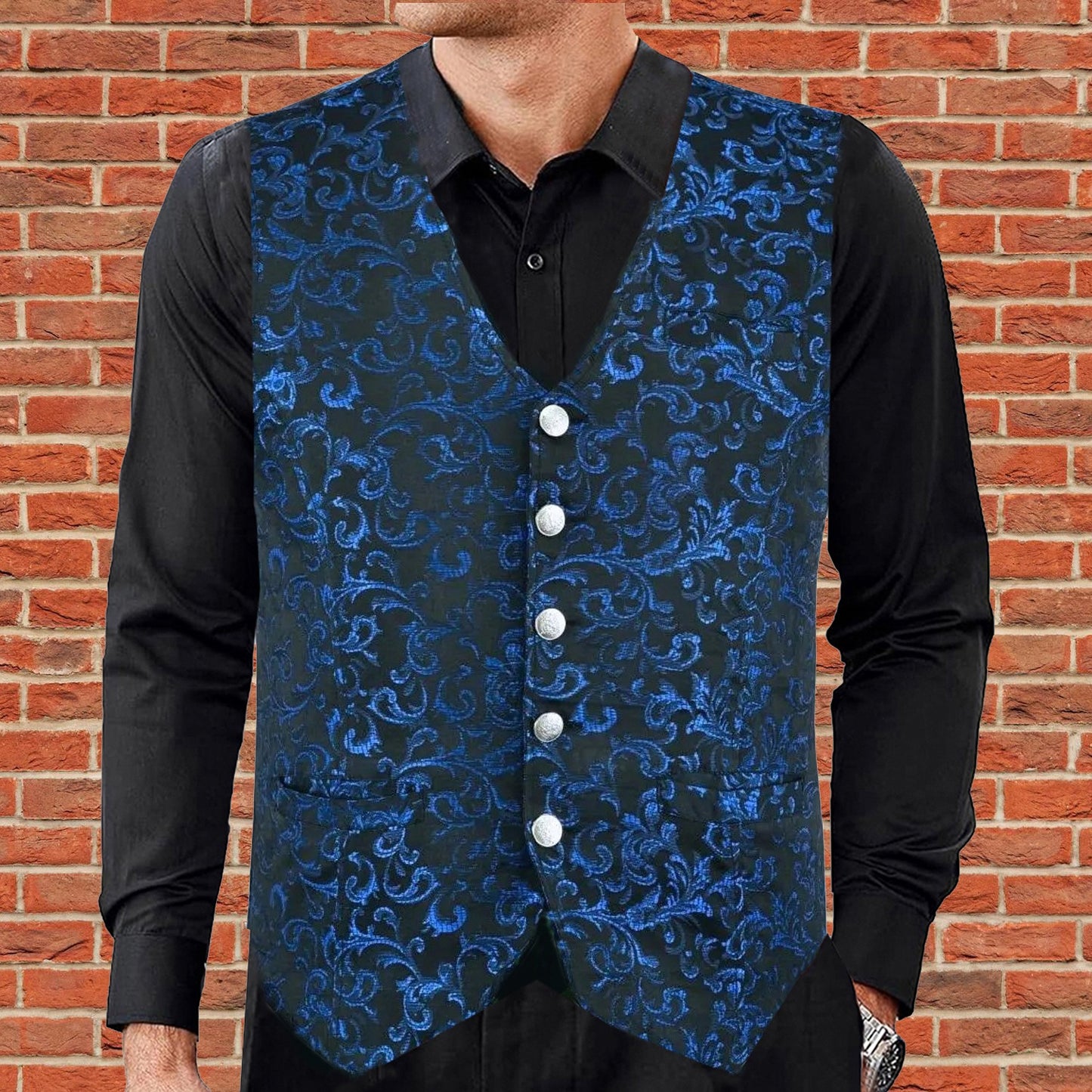 Premium Men's Designer Stylish Casual Brocade Blue Vest /USA Sizes