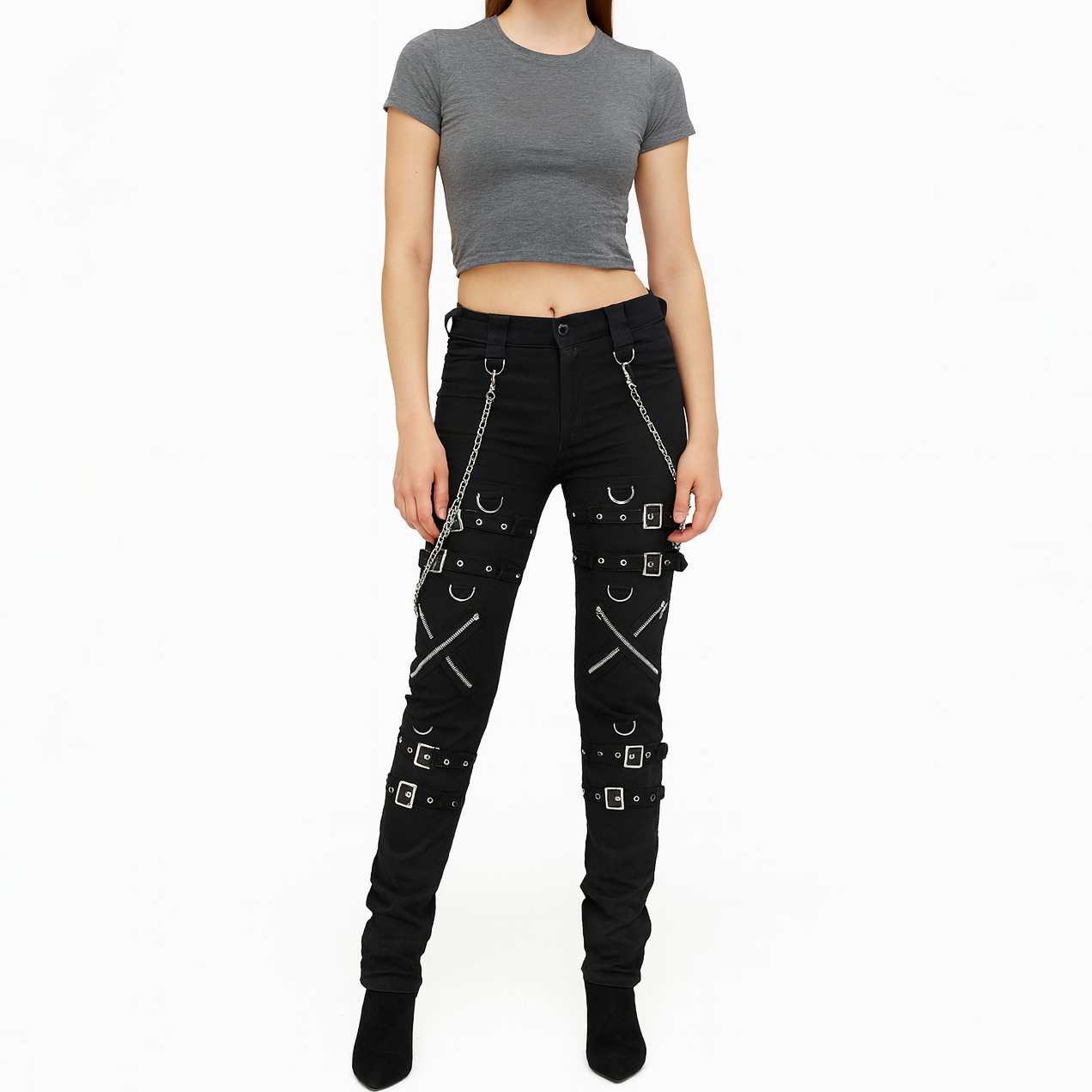 Gothic Bondage Rock Black Punk Buckle Zips Chain Strap Trousers Pants Usa