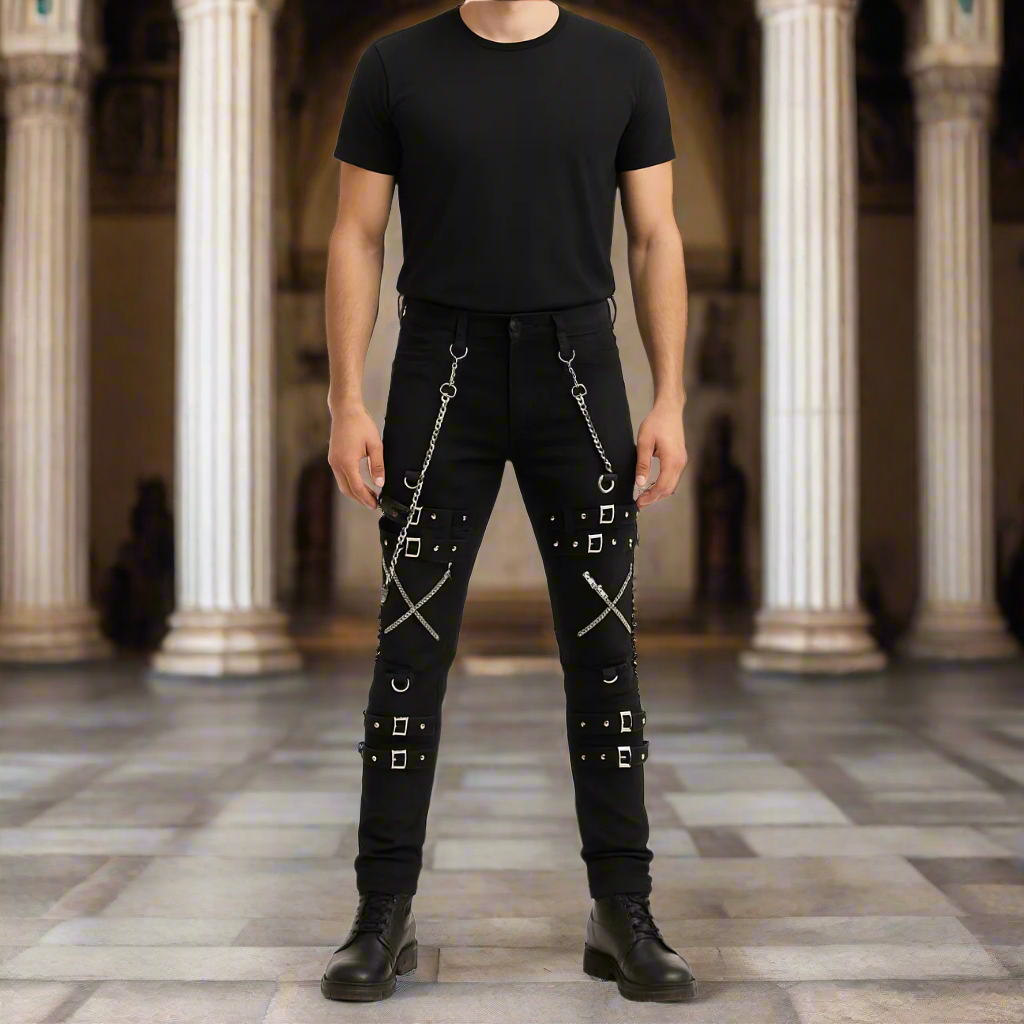 Gothic Bondage Rock Black Punk Buckle Zips Chain Strap Trousers Pants Usa