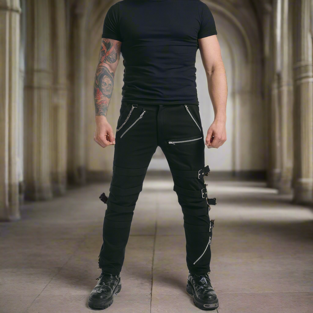 Men's Bondage Black Goth Punk Rock Morte Pants Buckle Chain Trouser Pants