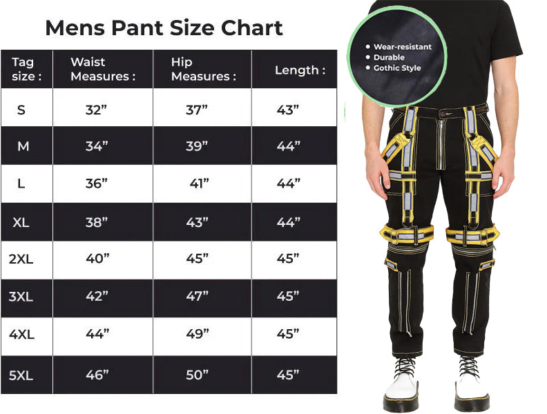 Men's Handmade Electro Bondage Rave Gothic Cyber Chain Gothic Jeans Punk Rock Black/Yellow Pant's