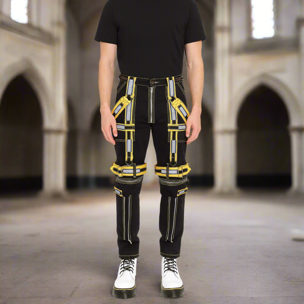Men's Handmade Electro Bondage Rave Gothic Cyber Chain Gothic Jeans Punk Rock Black/Yellow Pant's